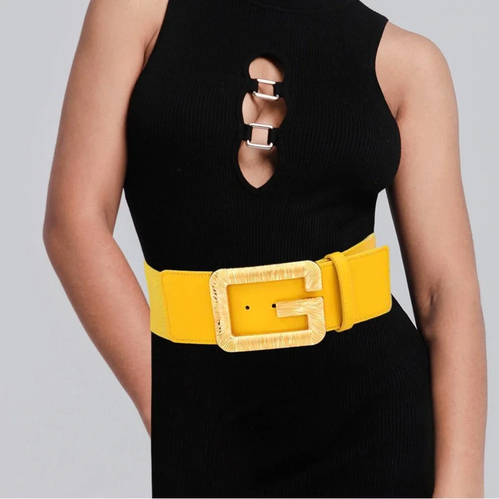 Gold Buckle Textured Metal G Letter Wide Elastic Statement Belt